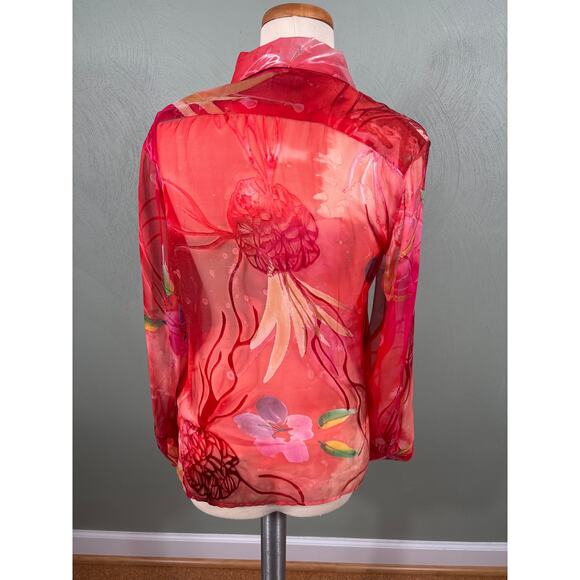 Chico's Women's Size 1 Medium Red Semi Sheer Silk Blend Long Sleeve Tops Blouse - Picture 2 of 11